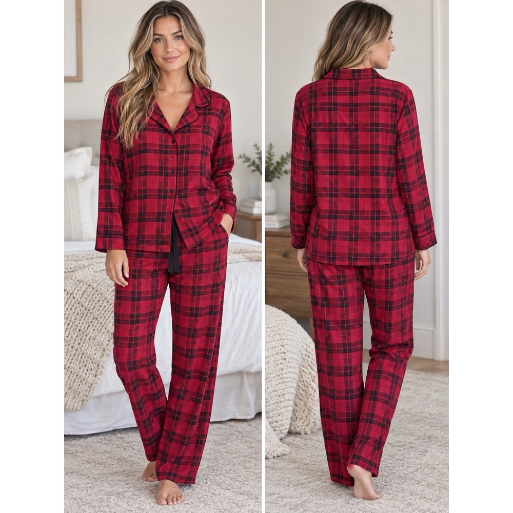 Soma Cool Nights Plaid Pajama Set Long Sleeve Button Top Pant Elastic Women's XL